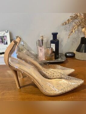 Nude Pointed-Toe Clear Stiletto Heels with Rhinestone Detail